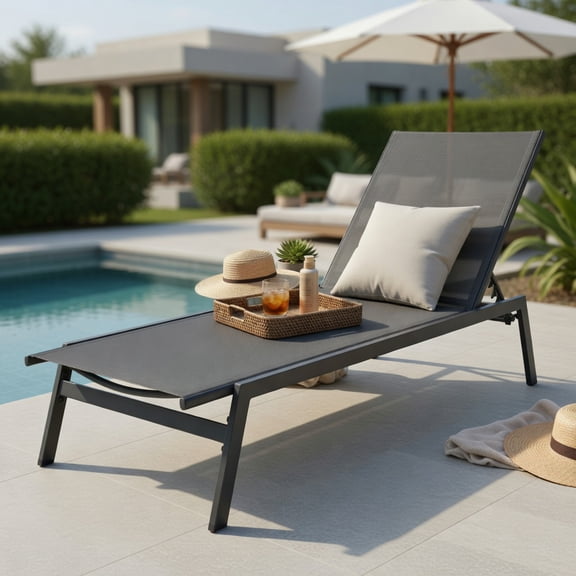 Hommoo 6-Position Adjustable Outdoor Chaise Lounge Chair, Rustproof Steel Frame, Breathable Quick-Dry Fabric, for Patio, Poolside & Backyard, Gray