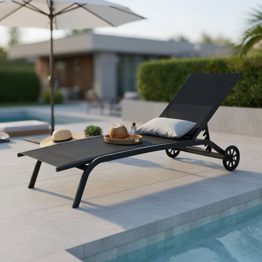 Hommoo 6-Position Adjustable Outdoor Chaise Lounge Chair with Smooth-Rolling Wheels, Steel Frame for Patio, Poolside & Backyard, Black