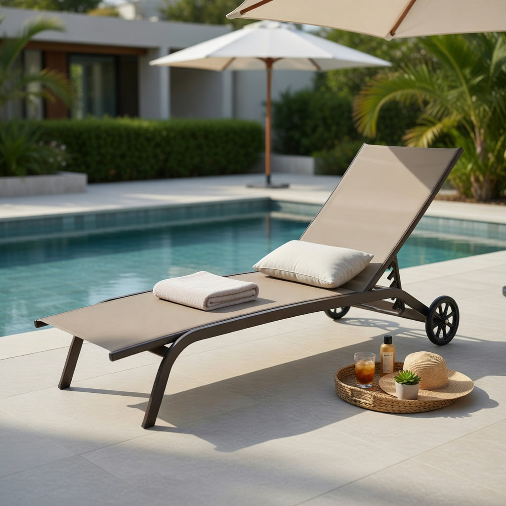 Hommoo 6-Position Adjustable Outdoor Chaise Lounge Chair with Smooth-Rolling Wheels, for Patio, Poolside & Backyard, Brown