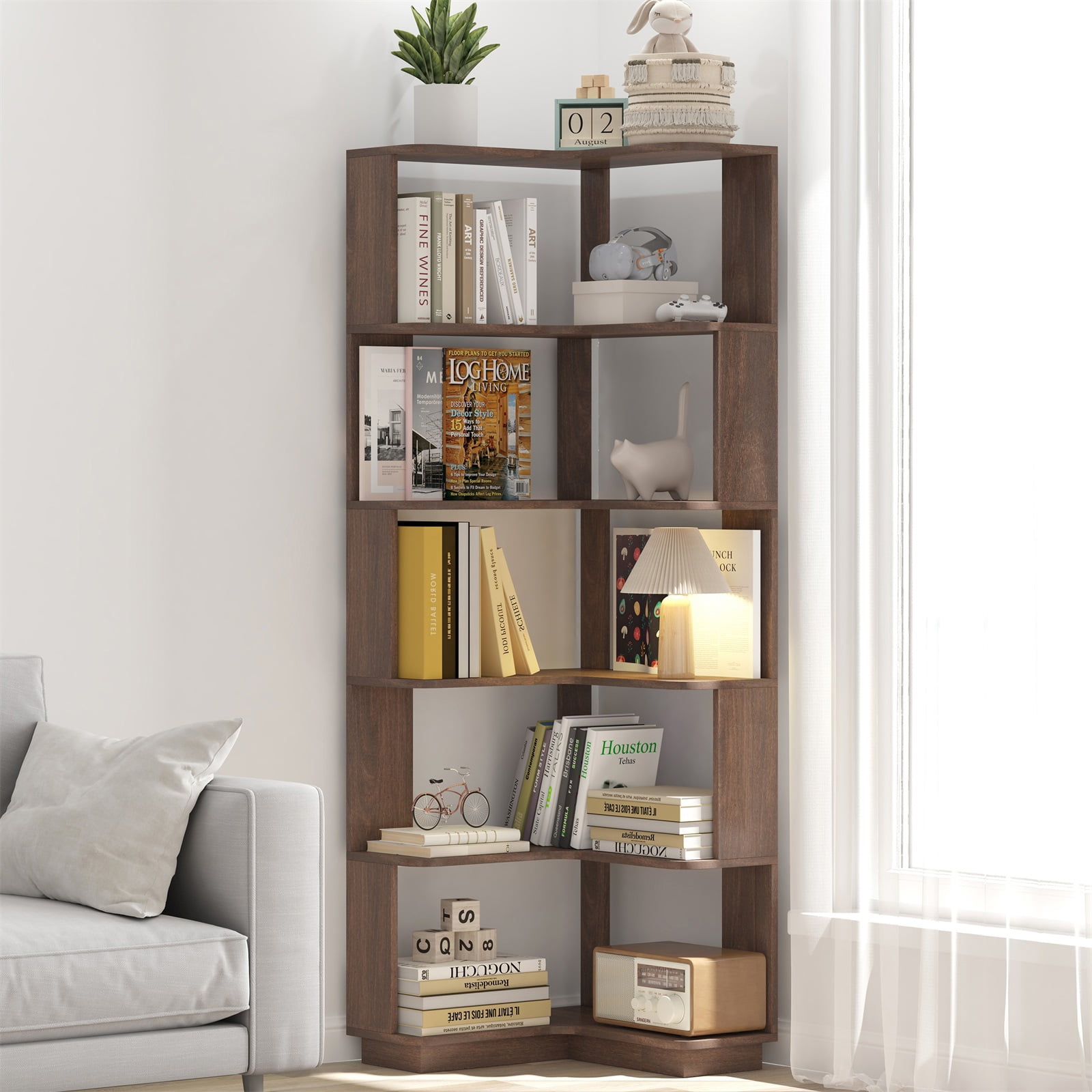 Hommoo 6-Tier Freestanding L-Shaped Corner Bookshelf Display Shelf, Wooden Bookcase Multifunctional Open Storage Rack Organizer, Dark Brown