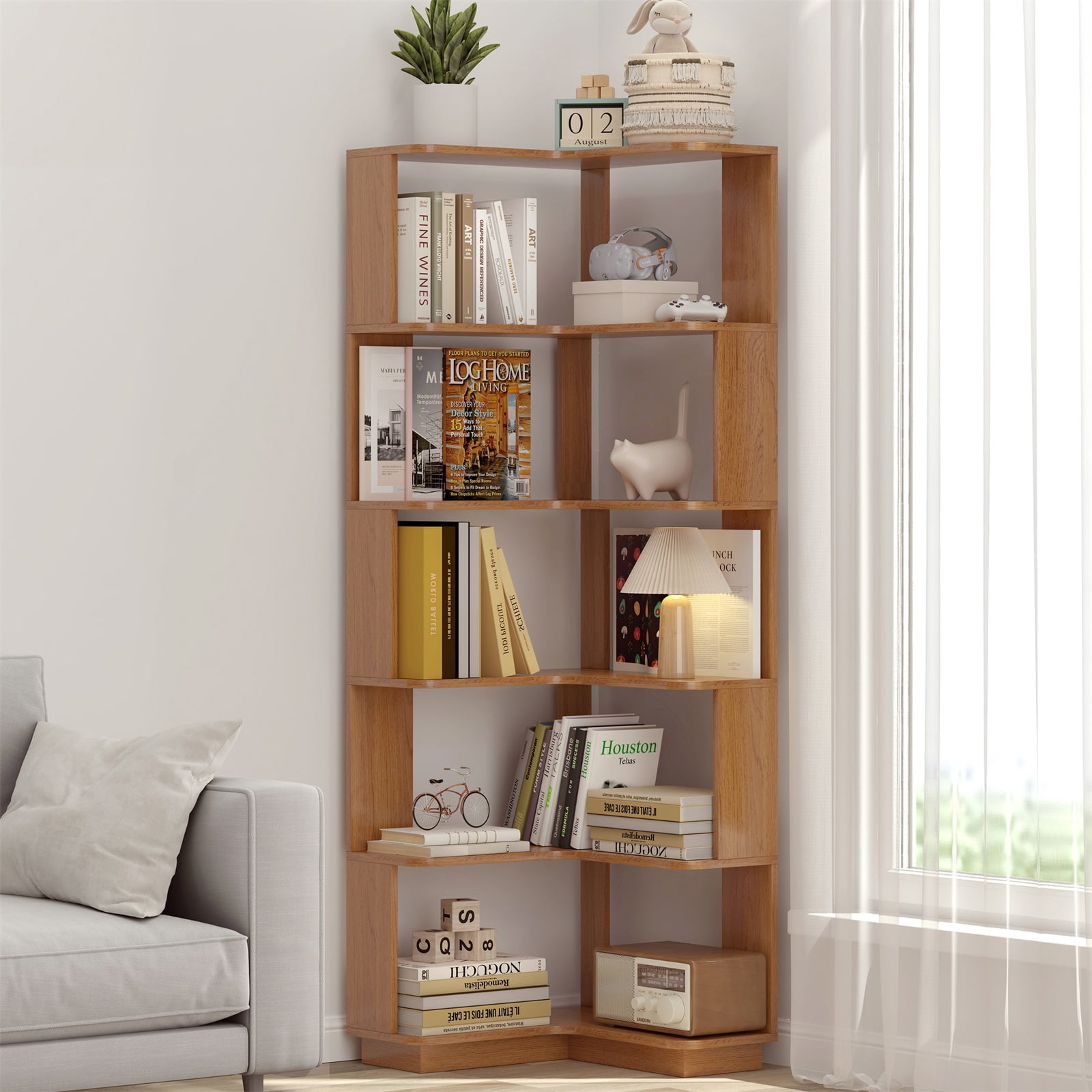 Hommoo 6-Tier Freestanding L-Shaped Corner Bookshelf Display Shelf, Wooden Bookcase Multifunctional Open Storage Rack Organizer, Dark Oak