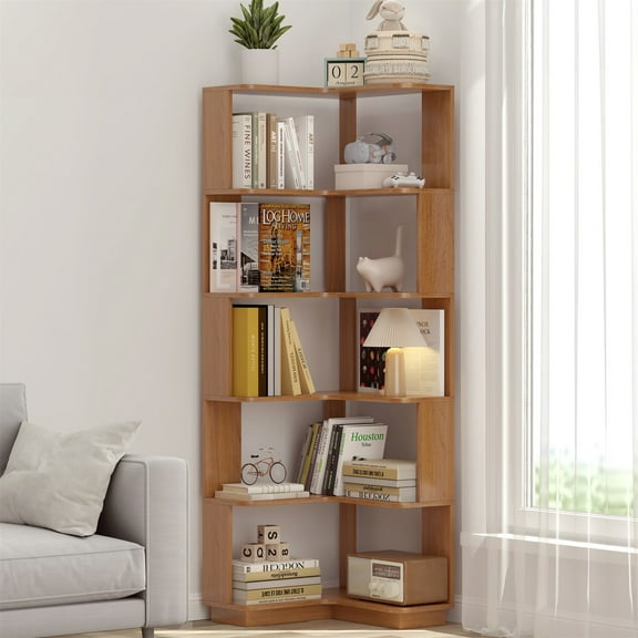 Hommoo 6-Tier Freestanding L-Shaped Corner Bookshelf Display Shelf, Wooden Bookcase Multifunctional Open Storage Rack Organizer, Dark Oak
