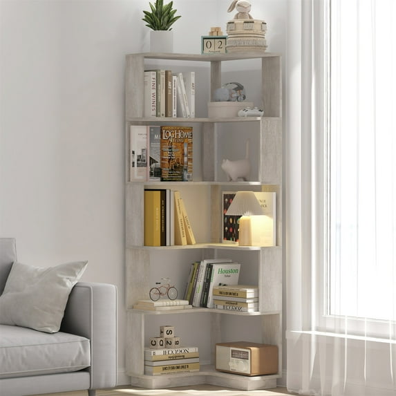 Hommoo 6-Tier Freestanding L-Shaped Corner Bookshelf Display Shelf, Wooden Bookcase Multifunctional Open Storage Rack Organizer, Light Gray