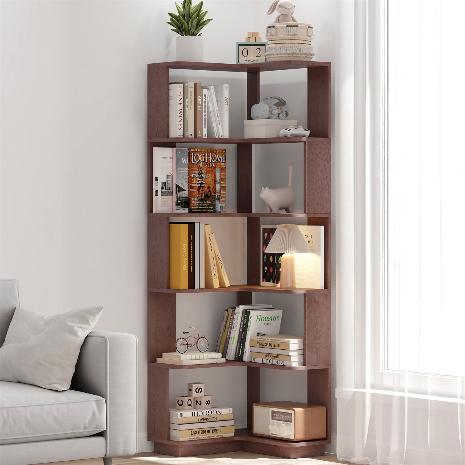 Hommoo 6-Tier Freestanding L-Shaped Corner Bookshelf Display Shelf, Wooden Bookcase Multifunctional Open Storage Rack Organizer, Ox Blood Red