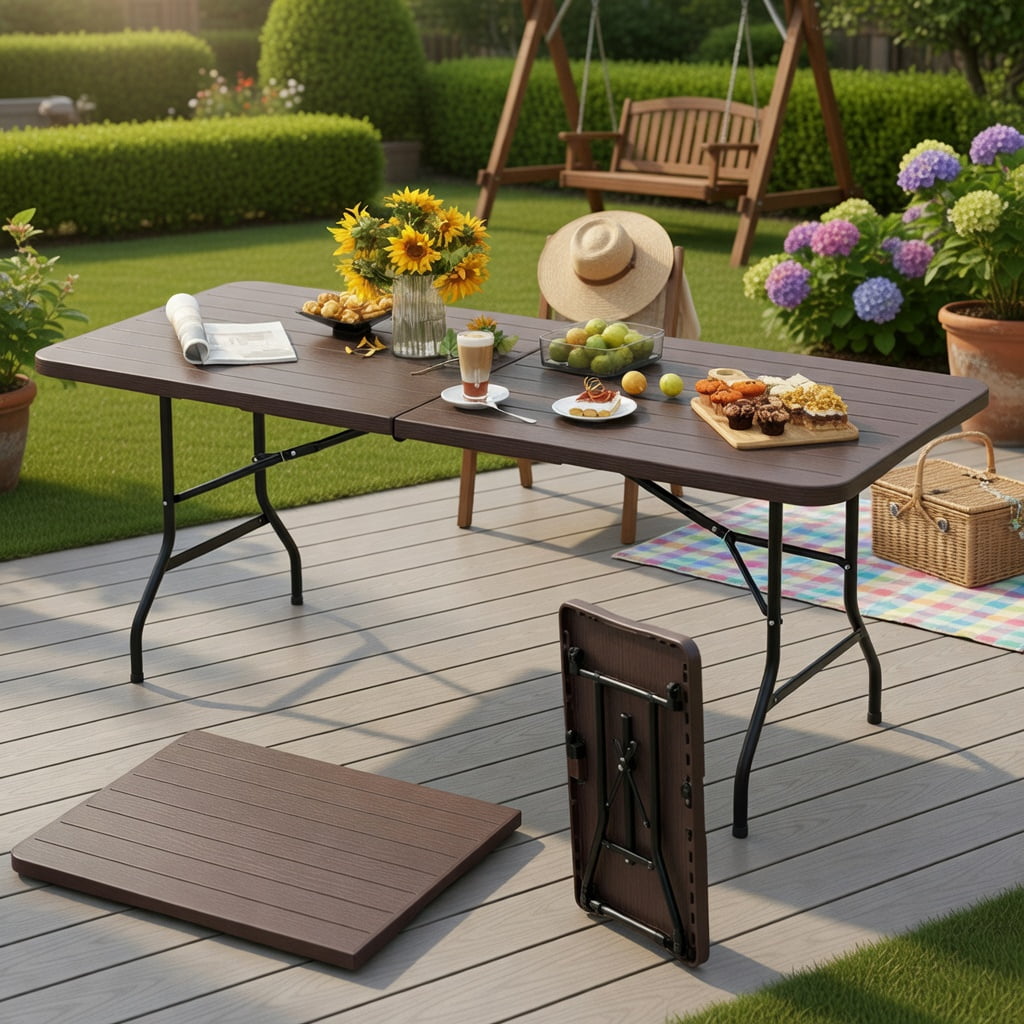 Hommoo 6 ft Folding Picnic Table with Weatherproof Wood-Grain HDPE Top, Heavy-Duty Metal Frame, Coffee