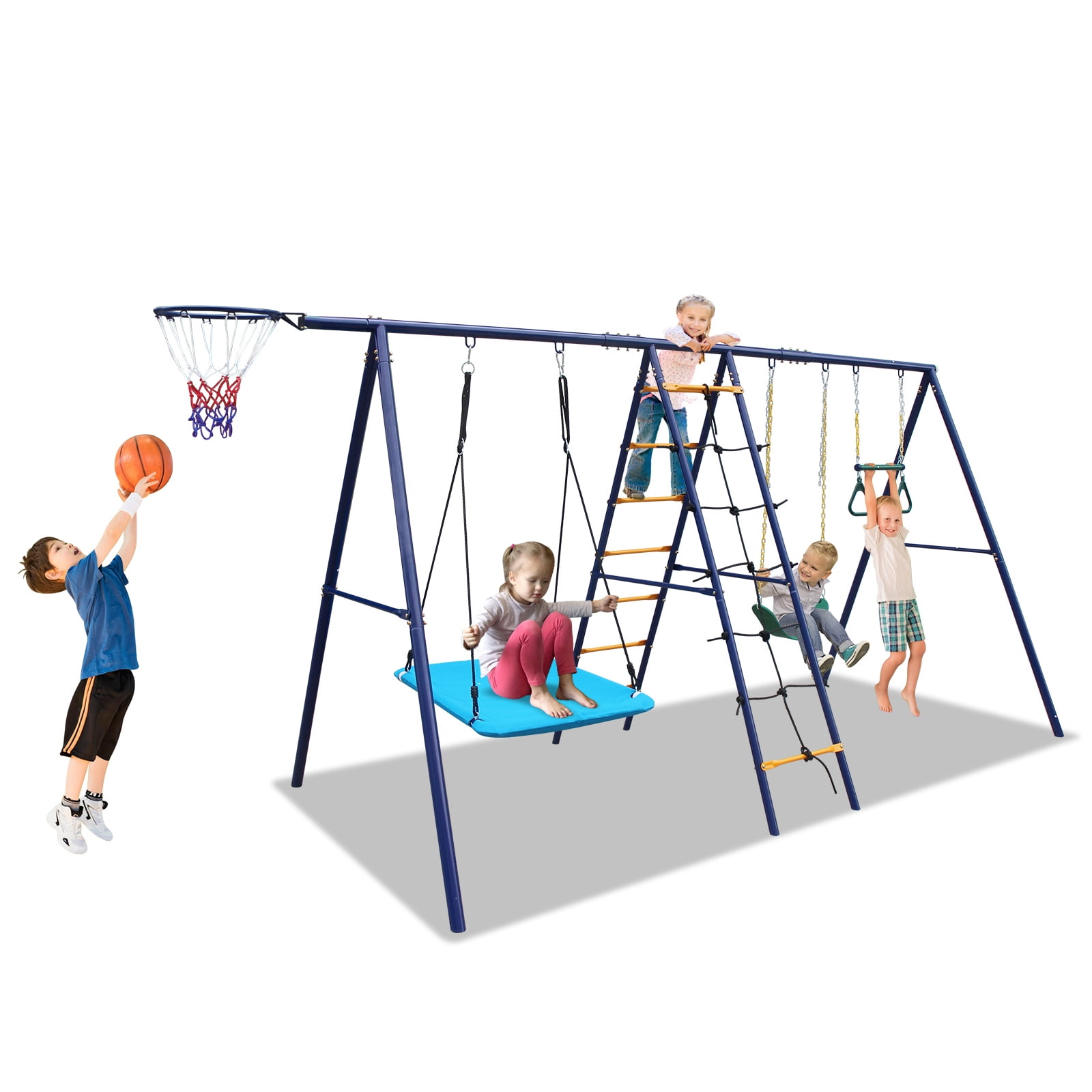 Hommoo 6 in 1 Swing Set With Climbing Ladder, Climbing Net, Trapeze bar, Hammock Swing, Belt Swing, Basketball hoop for Backyard, Multicolor