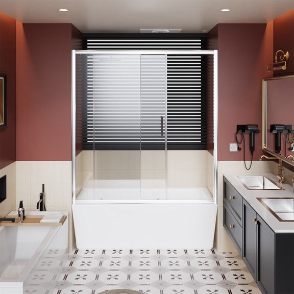 Hommoo 60"W x 62"H Single Sliding Bathtub Shower Door, 1/5" Clear Tempered Glass Shower Door with Stainless Steel Handle, Chrome
