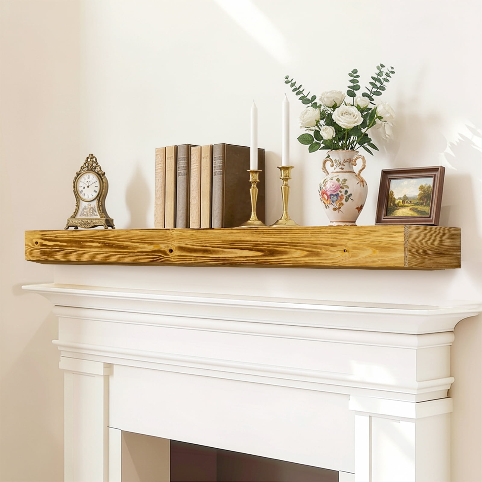 Hommoo 60" Wall Mounted Fireplace Mantel, Rustic Wood Fireplace Mantle Shelf with Invisible Brackets, Floating Fireplace Mantel for Living Room, Caramel