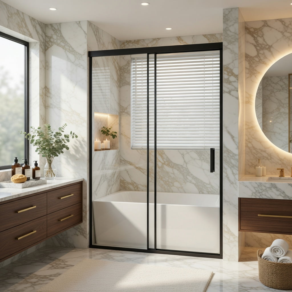 Hommoo 60" x 62" Frameless Aluminum Sliding Shower Door, Dual Soft-Close Doors, Adjustable Width, Enhanced Leak Protection, Black & Transparent