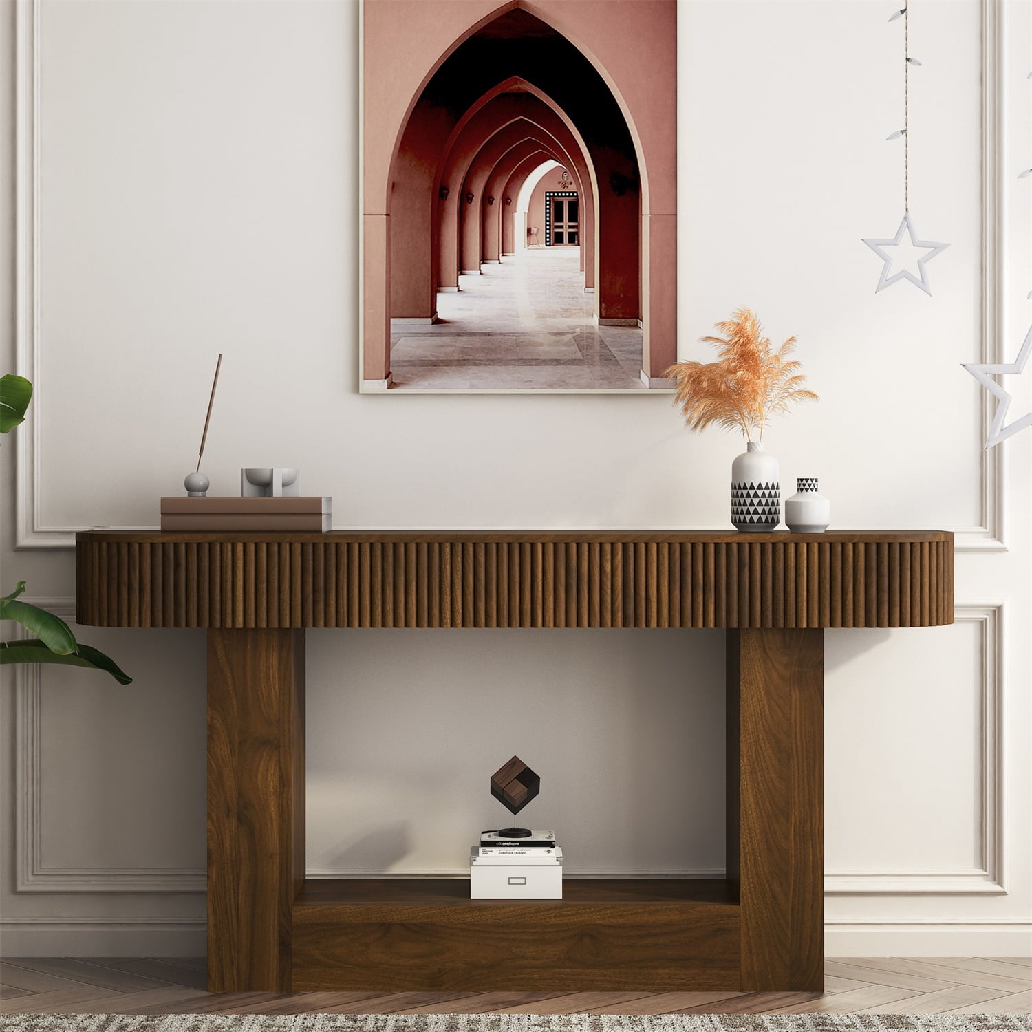 Hommoo 62.9-Inch Farmhouse Wooden Console Table, Narrow Hallway Accent Table for Living Room, Entryway, Foyer & Behind Sofa, MDF Rustic Rectangular Sofa Table, Walnut