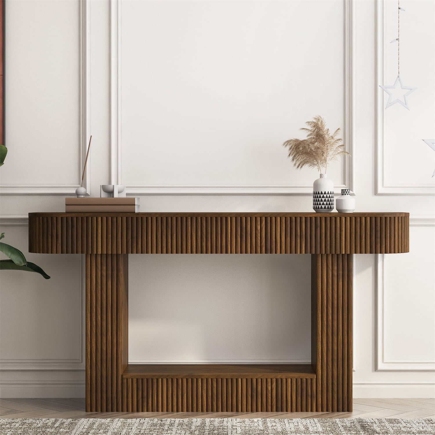 Hommoo 62.9-Inch Farmhouse Wooden Console Table, Rustic Rectangular Sofa Table for Living Room, Entryway, Hallway & Foyer, MDF Wood-Grain Accent Table with Leveling Feet, Walnut