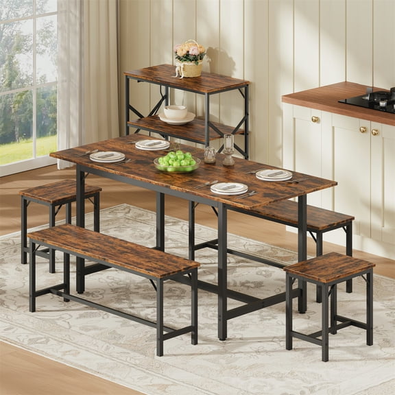 Hommoo 63" Expandable Dining Table Set for 4-8 People, Modern Extendable Kitchen Table with 2 Benches & 2 Stools, Wood Top & Metal Frame, Easy Assembly, Brown