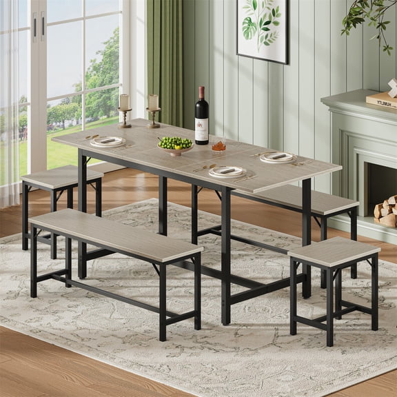 Hommoo 63" Expandable Dining Table Set for 4-8 People, Modern Extendable Kitchen Table with 2 Benches & 2 Stools, Wood Top & Metal Frame, Easy Assembly, Grey