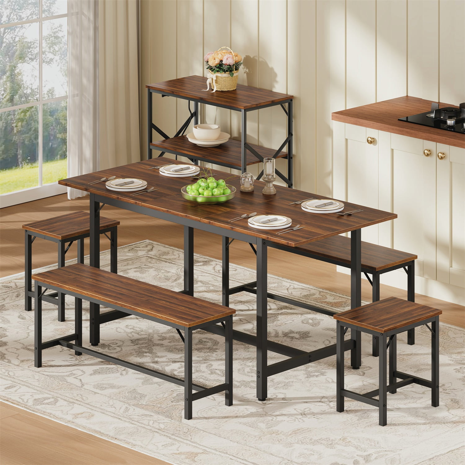 Hommoo 63" Expandable Dining Table Set for 4-8 People, Modern Extendable Kitchen Table with 2 Benches & 2 Stools, Wood Top & Metal Frame, Easy Assembly, Walnut