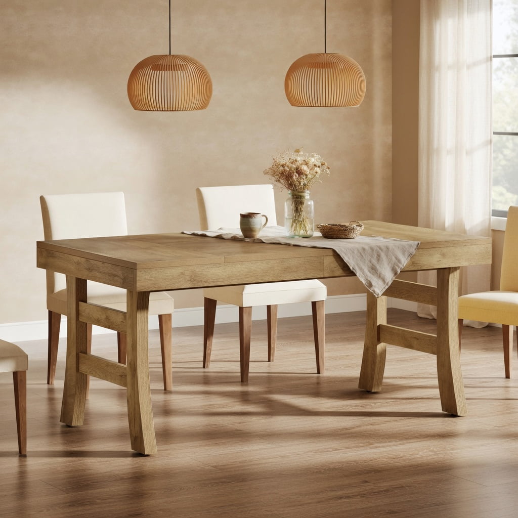 Hommoo 63 Inch Farmhouse Dining Table for 4-6 People, Rustic Wood Grain Rectangular Kitchen Table with Modern Leg Design, MDF Construction, Natural