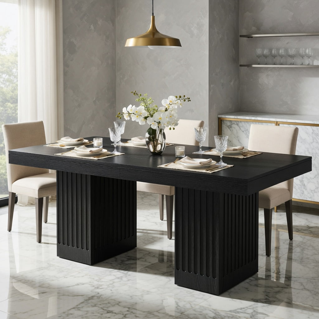 Hommoo 63 Inch Rectangular Dining Table for 4-6 People, Double Pedestal Kitchen Table with Scratch-Resistant, Modern Fluted Legs, Easy Assembly, Black