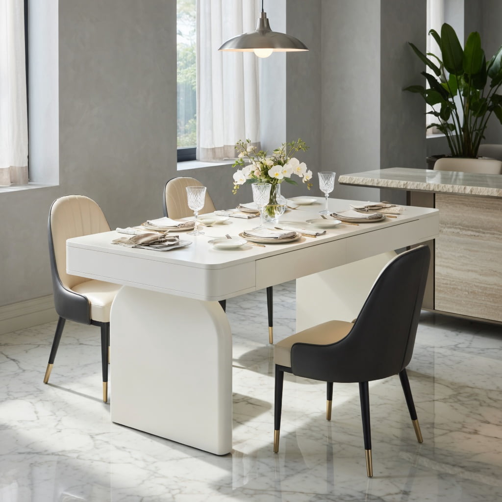 Hommoo 63 Inch Rectangular Dining Table with 2 Hidden Drawers, Modern Kitchen Table for 4 to 6 People, MDF Construction, Easy Assembly, White