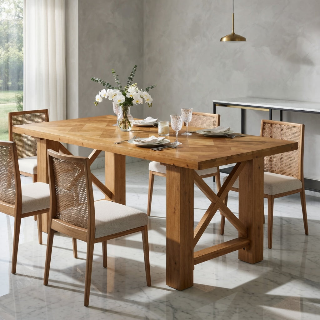 Hommoo 63 Inch Solid Fir Wood Dining Table with Herringbone Parquet Top, Rustic Farmhouse Rectangle Kitchen Table for 4-6 People, X-Frame Design, Natural
