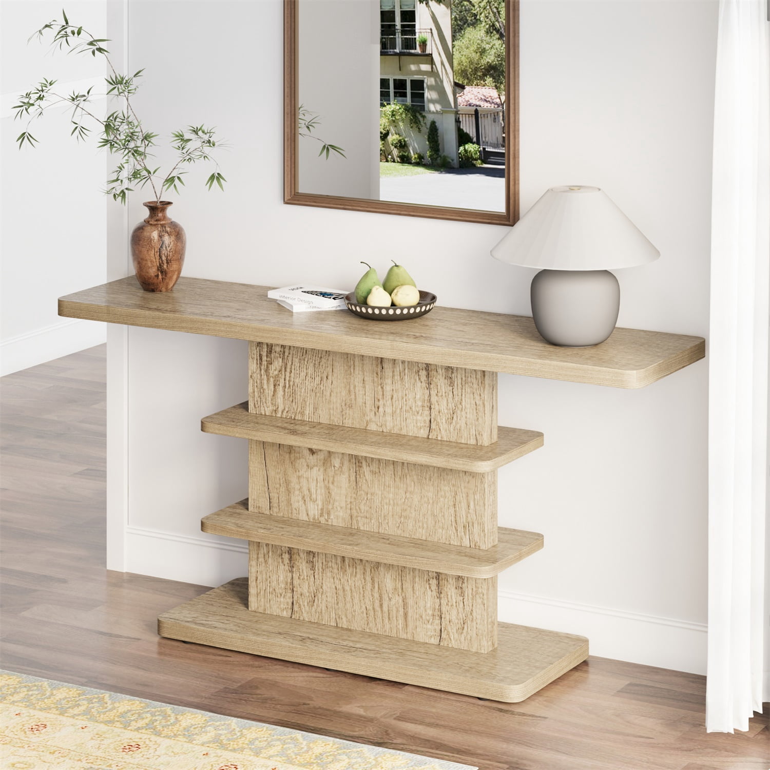Hommoo 63" Vintage Narrow Console Table with 2-Tier Open Storage Shelves,Stylish Design High Weight Capacity, Suitable for Living Room,Hallway, Natural