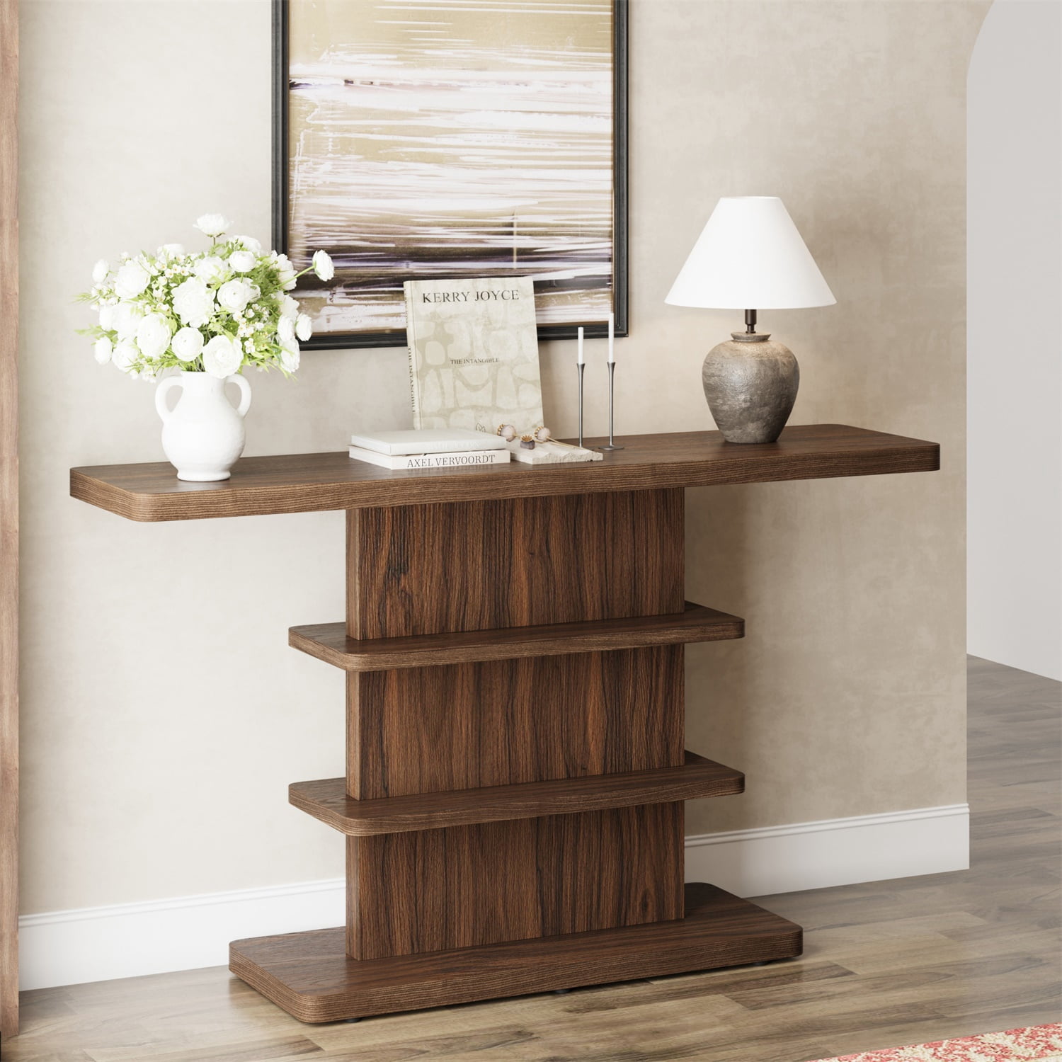 Hommoo 63" Vintage Narrow Console Table with 2-Tier Open Storage Shelves,Stylish Design High Weight Capacity, Suitable for Living Room,Hallway, Walnut