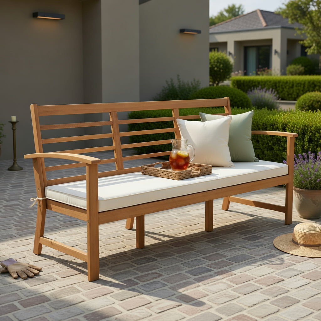 Hommoo 64" Acacia Wood Patio Bench with Off-White Polyester Cushion, Sturdy Outdoor Garden Bench for Backyard, Porch & Deck, Natural