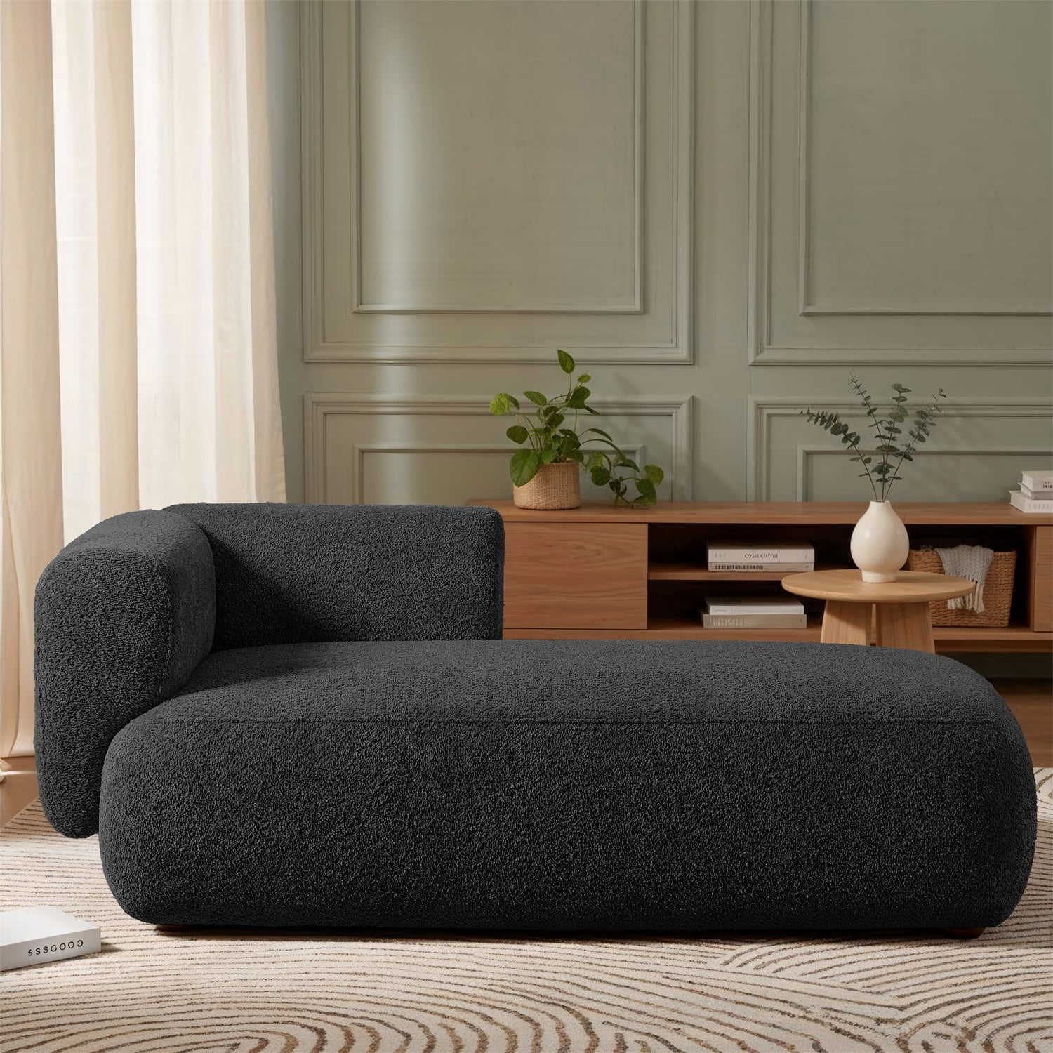 Hommoo 64" Boucle Upholstered Chaise Lounge Chair, Modern Tufted Leisure Sofa Chaise Sofa for Living Room, with Left Arm, Black