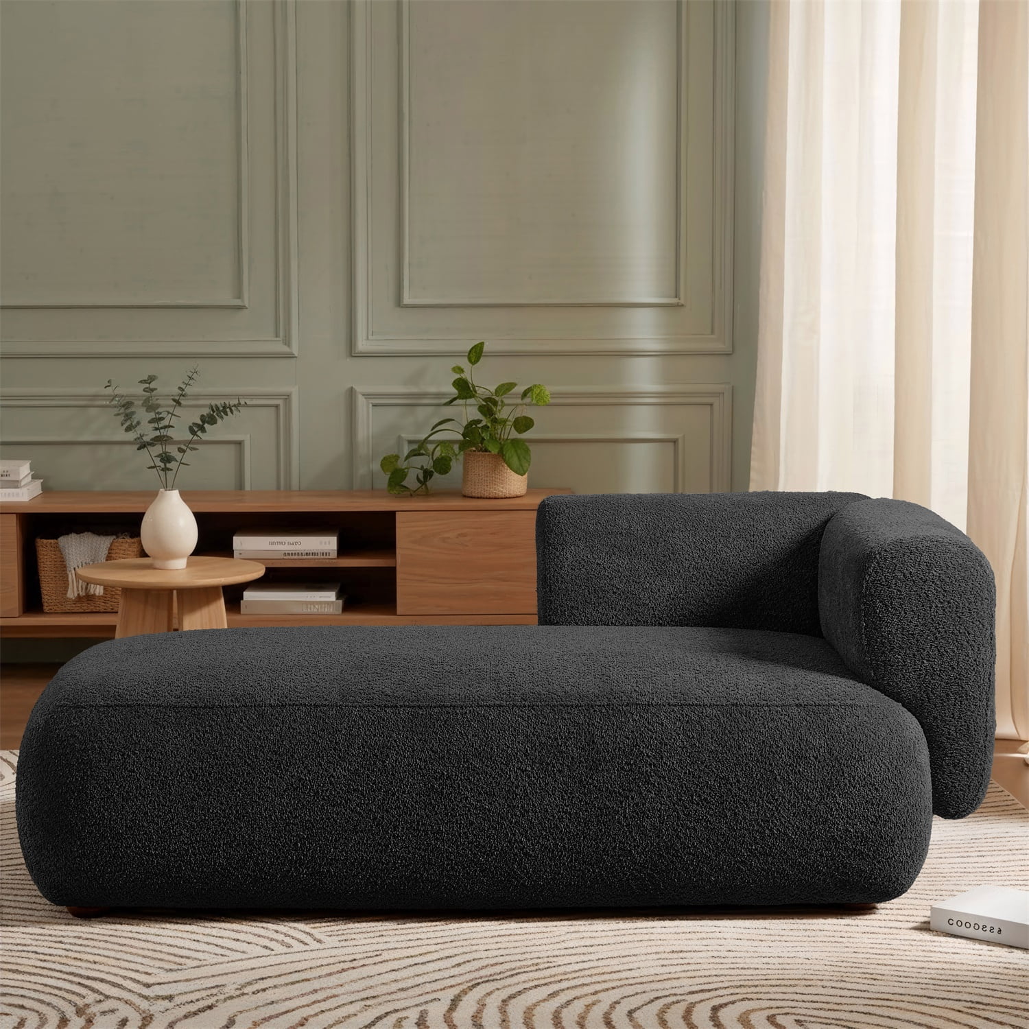 Hommoo 64" Boucle Upholstered Chaise Lounge Chair, Modern Tufted Leisure Sofa Chaise Sofa for Living Room, with Right Arm, Black