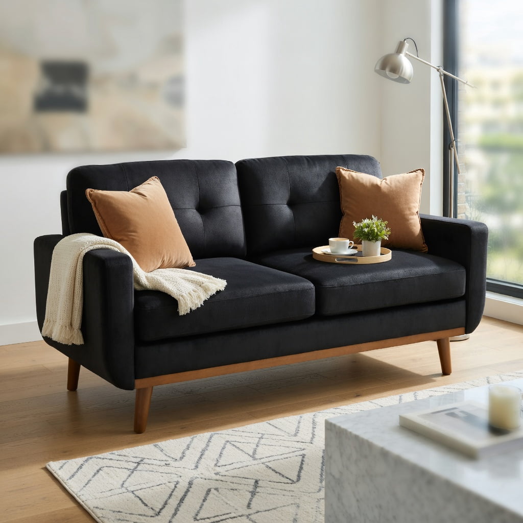 Hommoo 65" Mid-Century Modern Two-Seater Sofa, Breathable Foil Polyester Fabric, Solid Wood Legs, Tool-Free Assembly, Black