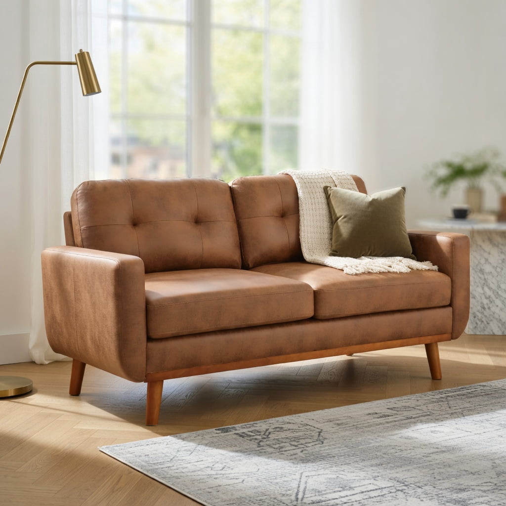Hommoo 65" Mid-Century Modern Two-Seater Sofa, Breathable Polyester Fabric, Solid Wood Legs, Easy Assembly, Diamond-Quilted Back Support, Light Brown