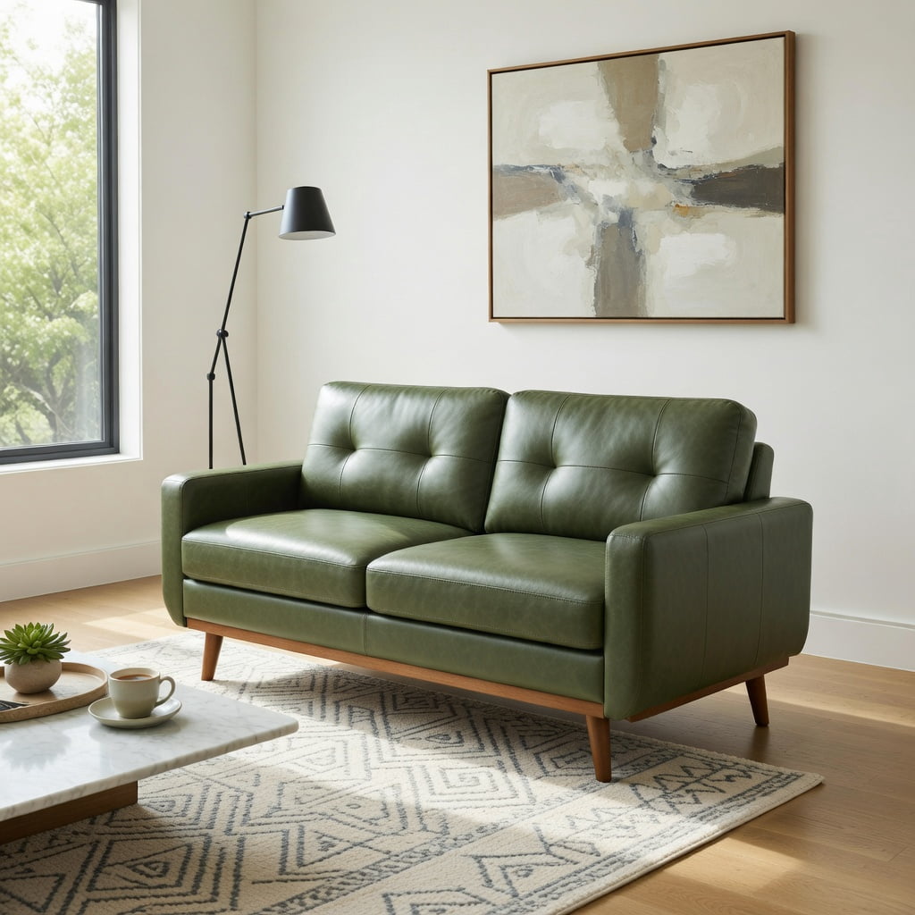 Hommoo 65" Mid-Century Modern Two-Seater Sofa, Breathable Polyester Fabric, Solid Wood Legs, Tool-Free Assembly, Olive Green