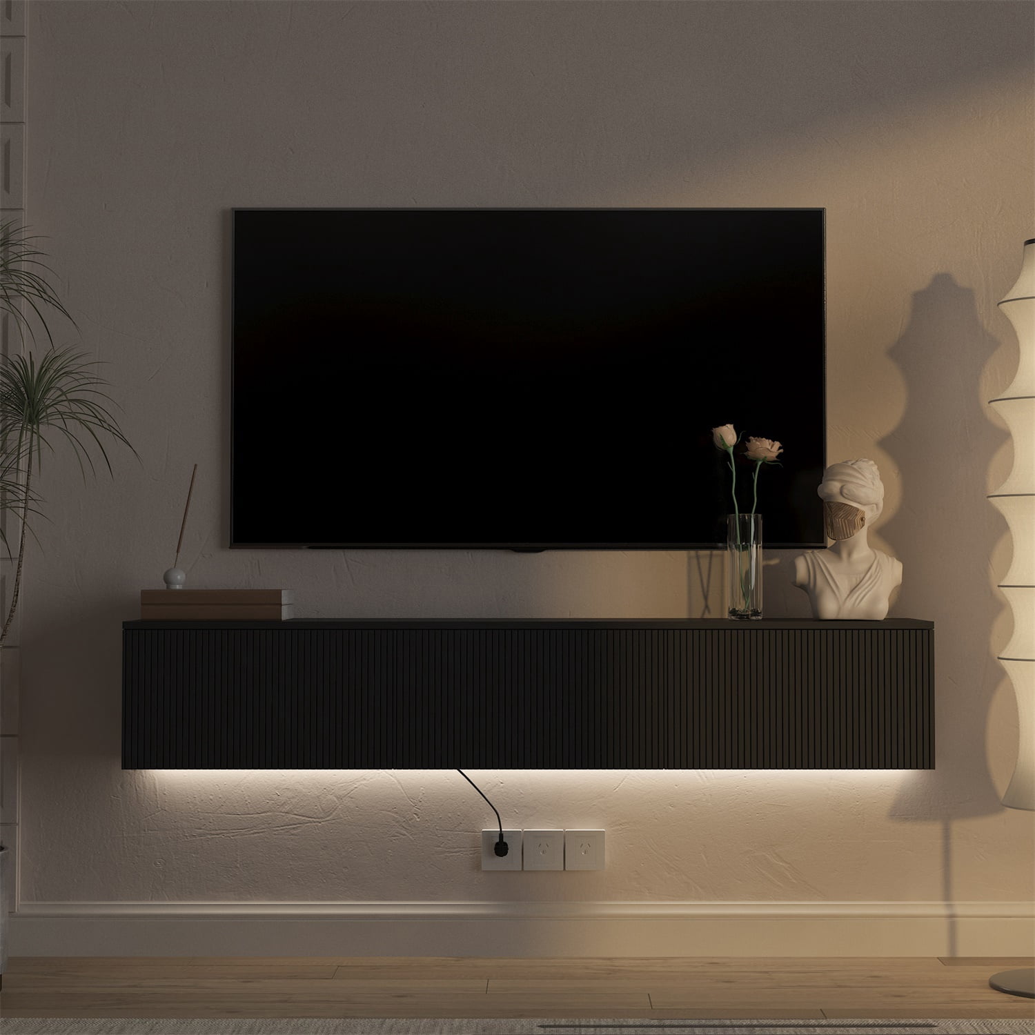 Hommoo 65" Modern Wall Mounted Floating TV Stand with 16 Color LEDs,Floating TV Cabinet Entertainment Center for 55"-65", Black