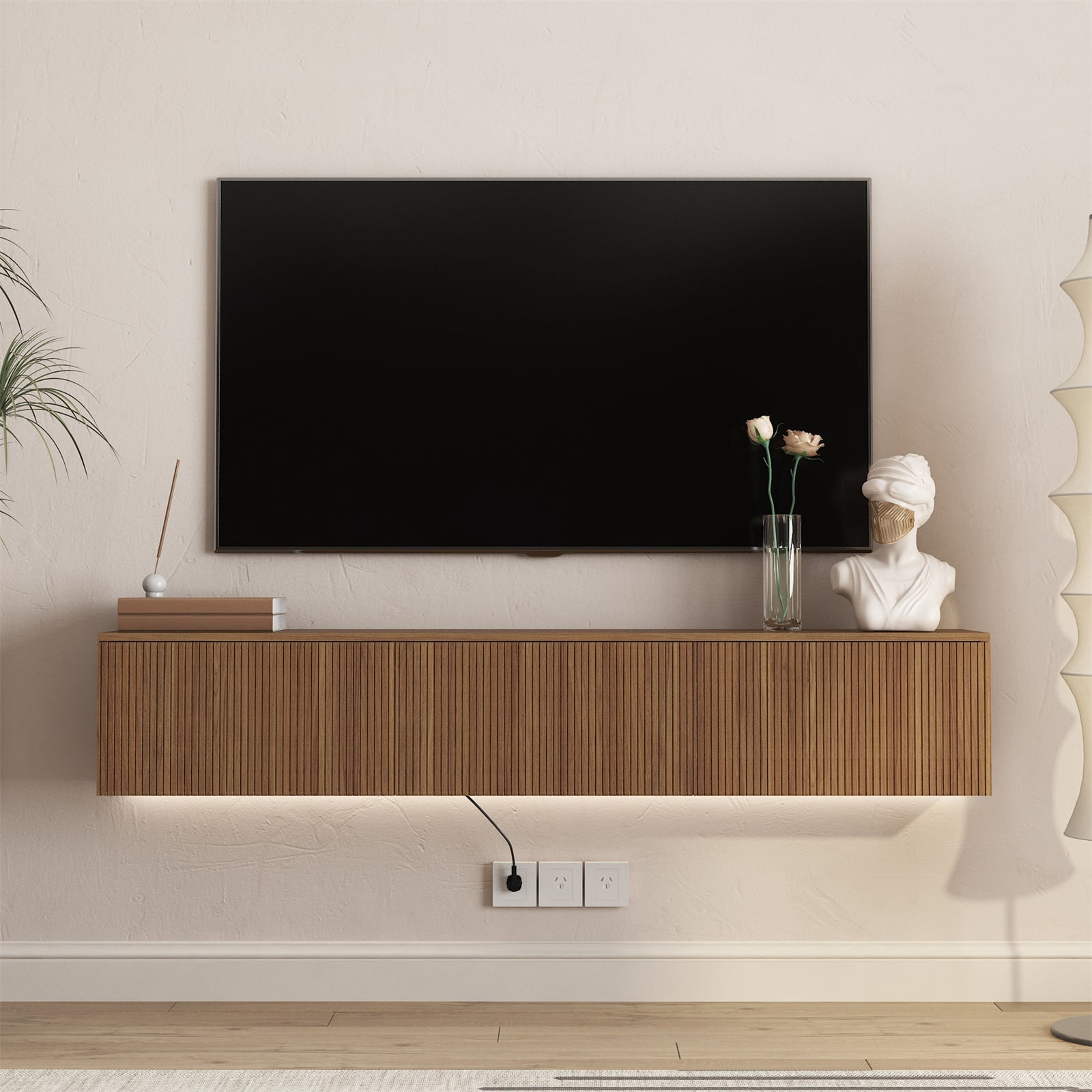 Hommoo 65" Modern Wall Mounted Floating TV Stand with 16 Color LEDs,Floating TV Cabinet Entertainment Center for 55"-65", Walnut