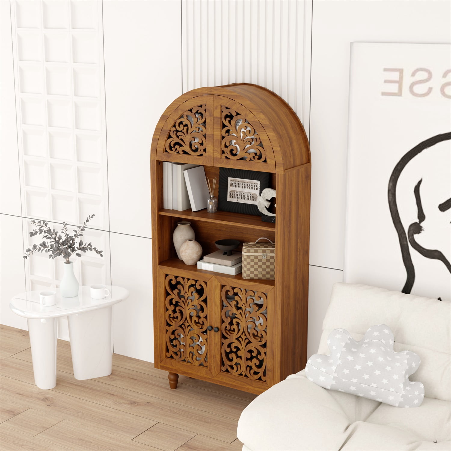Hommoo 66" Tall Vintage Arched Carved Wooden Cabinet, Open Shelf Bookcase, Freestanding Hollow Carved Decorative Storage Shelf for Home & Office