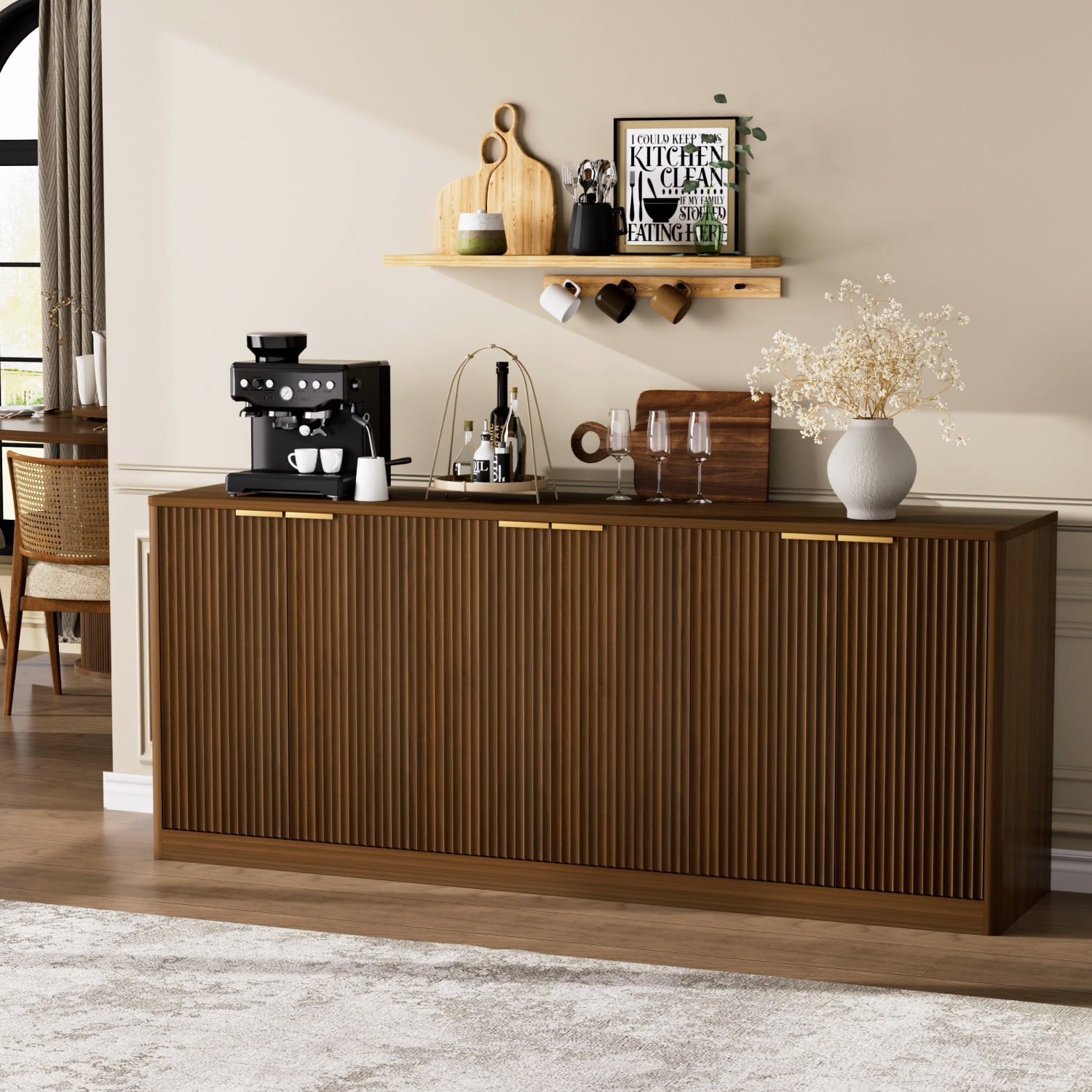 Hommoo 67" Modern Wavy Curved Contour Design Sideboard Buffet Cabinet,Wooden 6-Door Cabinet Storage Cabinet for Kitchen, Bedroom, Living Room, Walnut
