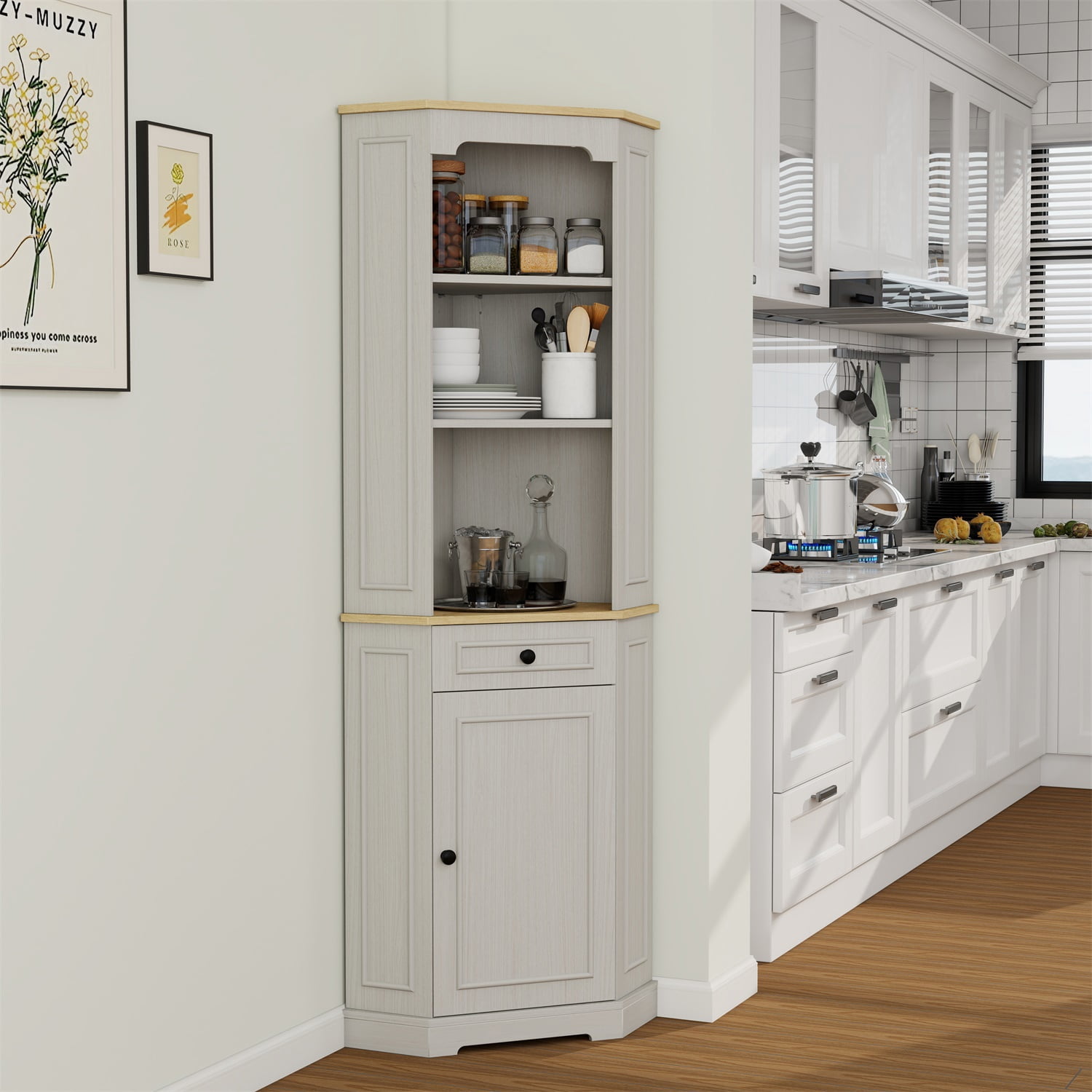 Hommoo 68" Tall Corner Cabinet, Wooden Freestanding Corner Storage Cabinet with 1 Door, 1 drawer and Adjustable Shelf, Farmhouse Bar Storage Cabinet for Home and Office, Antique White