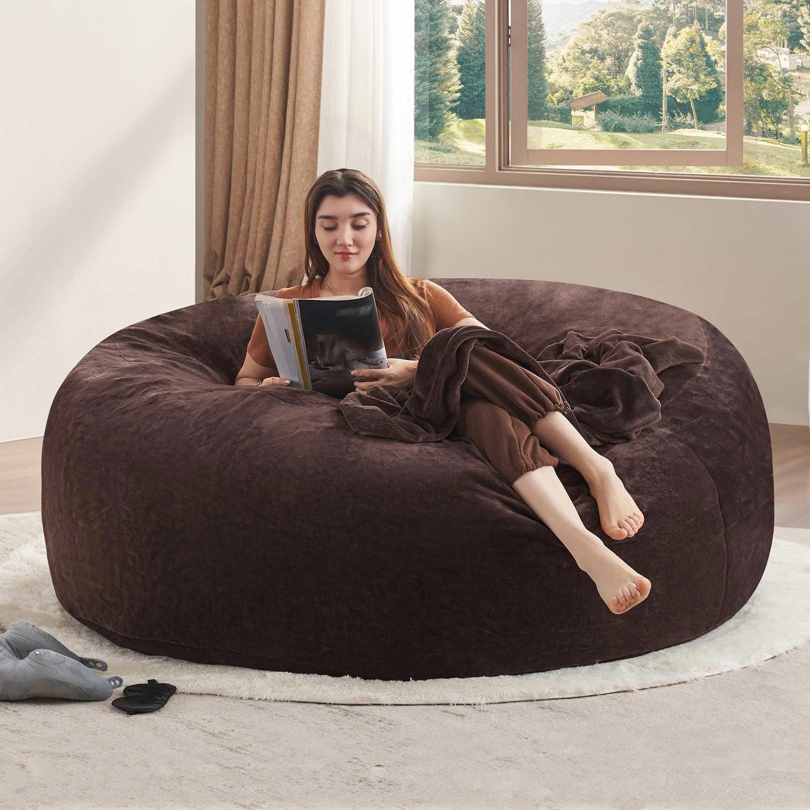Hommoo 6FT Bean Bag Chair, Memory Foam Filling Soft Sofa with Flannel Cover, Round Sofa for Living Room, Bedroom, College Dorm, Brown
