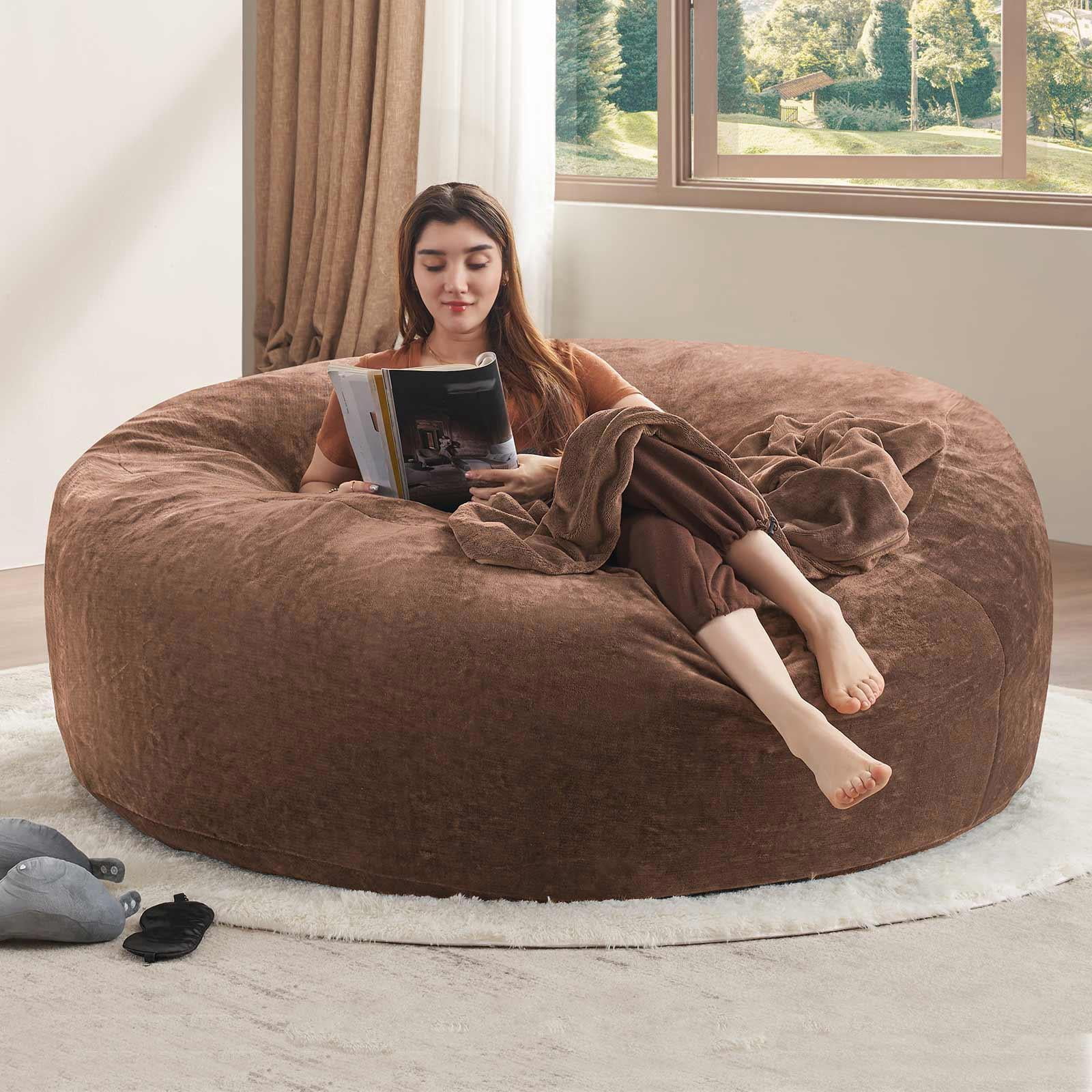 Hommoo 6FT Bean Bag Chair, Memory Foam Filling Soft Sofa with Flannel Cover, Round Sofa for Living Room, Bedroom, College Dorm, Coffee