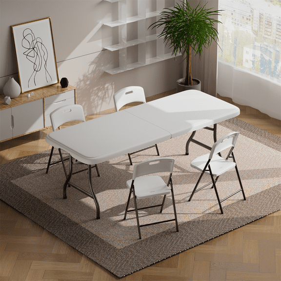 Hommoo 6ft Plastic FoldingTable,Portable Collapsible Table Outdoor Foldable Picnic Table for, Party, Hiking, Patio,Banquet, Wedding,Camping,with Lock,Handle, White