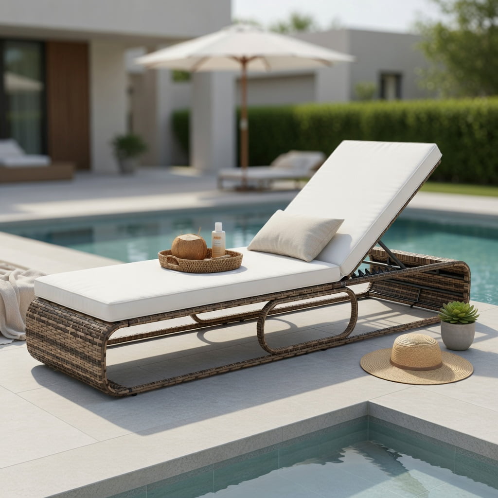 Hommoo 7-Position Adjustable PE Rattan Outdoor Chaise Lounge Chair with Removable Cushion, for Patio, Poolside & Backyard, White