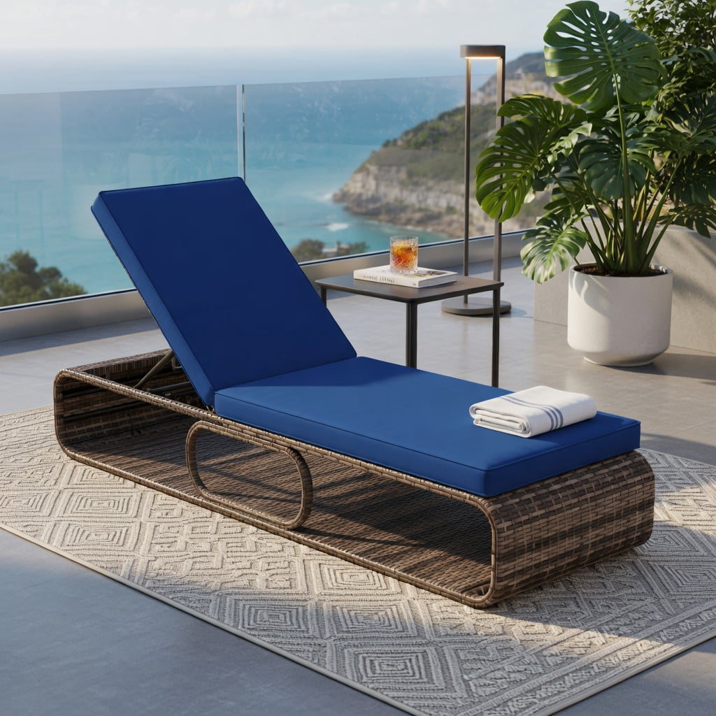 Hommoo 7-Position Adjustable PE Rattan Outdoor Chaise Lounge Chair with Removable Cushions, Heavy-Duty Metal Frame, Poolside & Patio Ready, Navy
