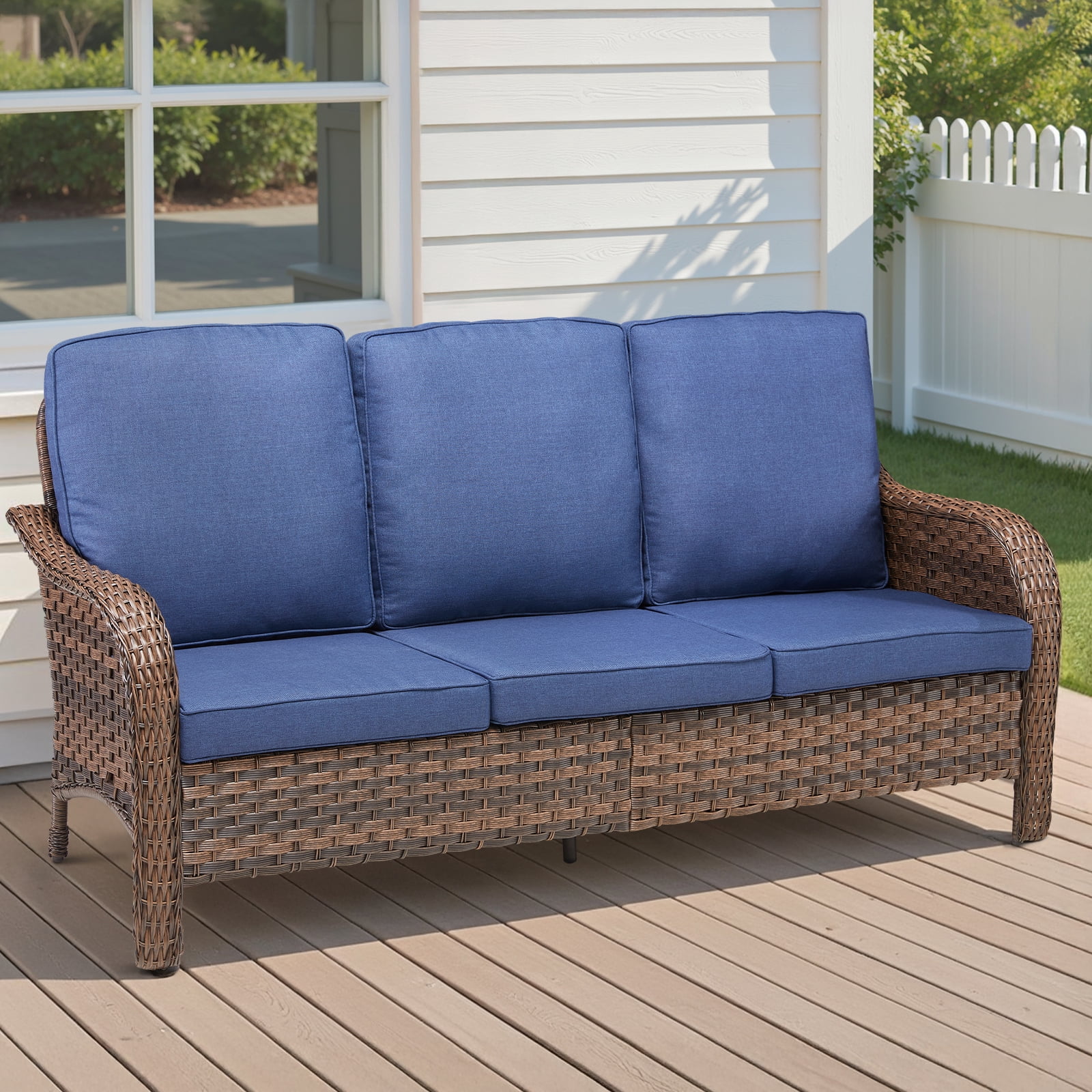 Hommoo 70.9" PE Wicker Rattan Outdoor Patio Furniture Sofa Couch, 3 Seat Patio Sofa with Cushions, Blue