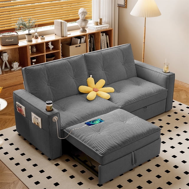 Hommoo 70" Convertible 2-in-1 Pull Out Couch Bed, Multi-Functional Corduroy Loveseat Sleeper Sofa Bed, Gray