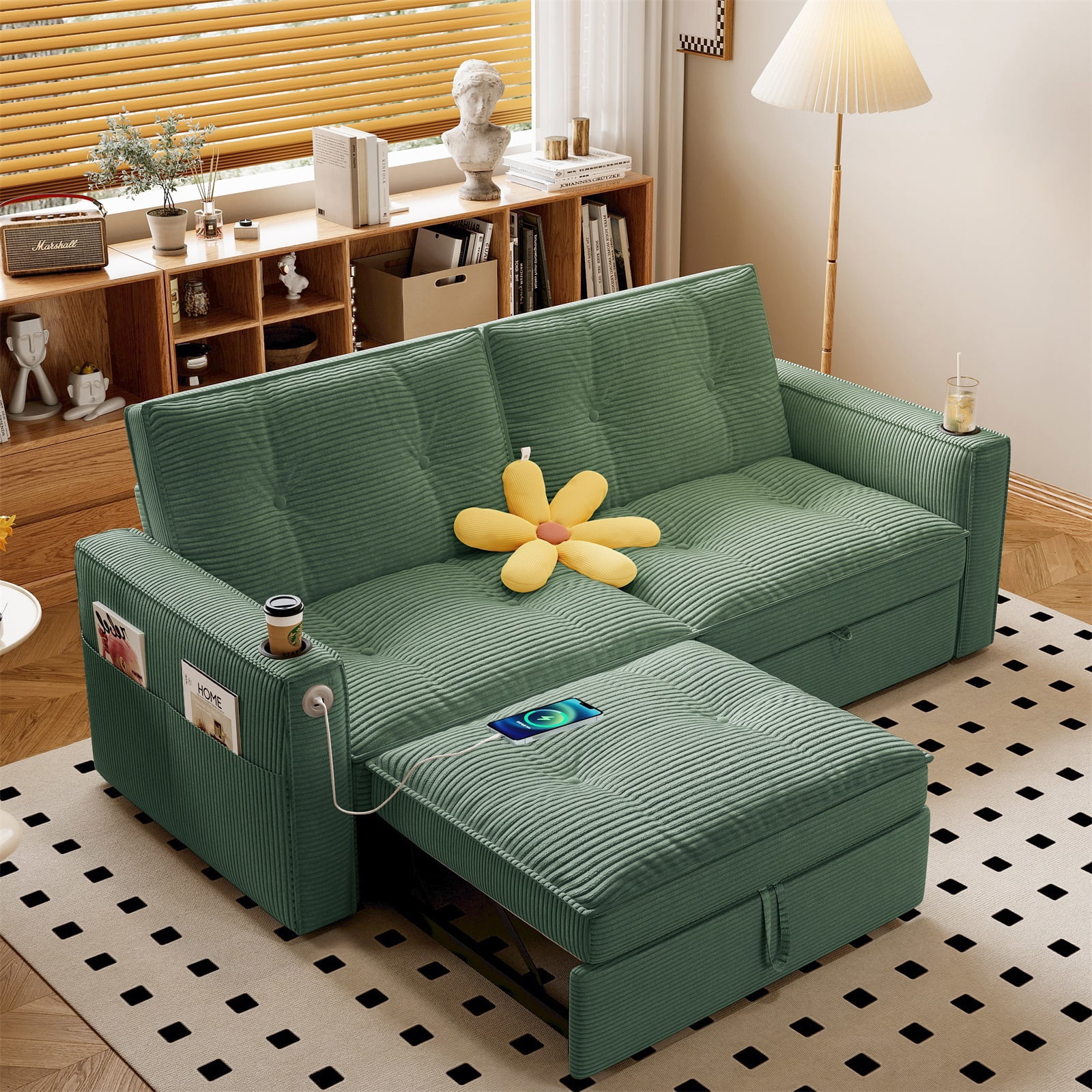 Hommoo 70" Convertible 2-in-1 Pull Out Couch Bed, Multi-Functional Corduroy Loveseat Sleeper Sofa Bed, Green