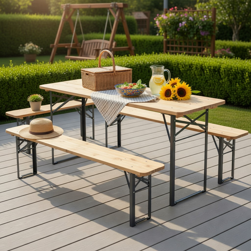 Hommoo 70 Inch Foldable 3-Piece Picnic Table Set with Benches for 6, Fir Wood & Metal Outdoor Patio Table, Black & Natural