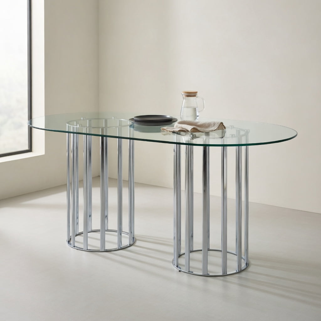 Hommoo 71 Inch Oval Tempered Glass Dining Table with Silver Double Column Base, Light Luxury Modern Design for 6-8 People, Scratch-Resistant & Easy-Clean Glass Top, Silver