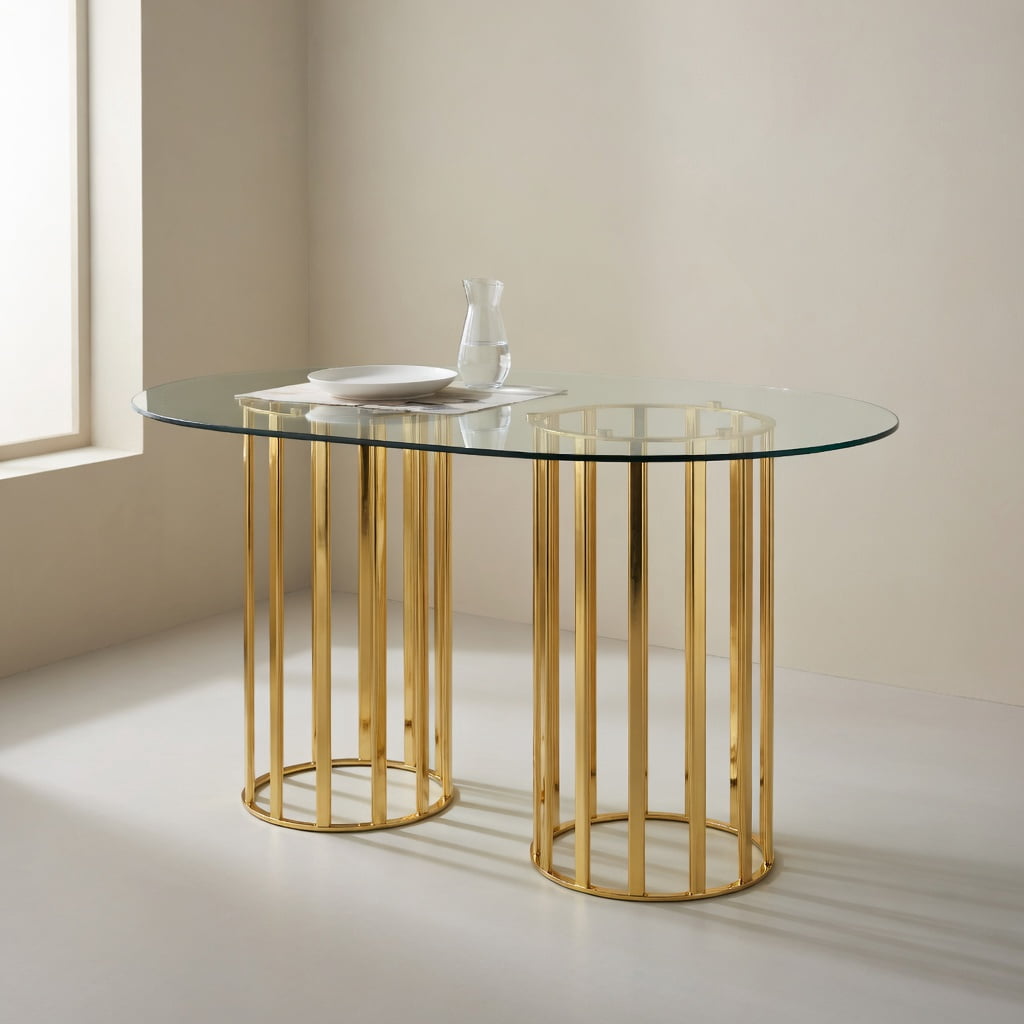 Hommoo 71-inch Oval Tempered Glass Dining Table with Double Column Base, Light Luxury Modern Design for 6-8 People, Scratch-Resistant & Easy-Clean Tabletop, Gold