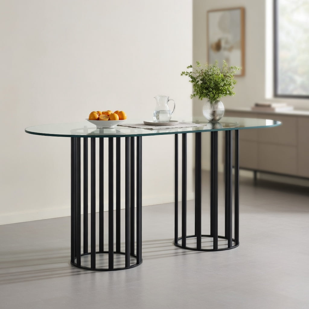 Hommoo 71-inch Oval Tempered Glass Dining Table, Metal Double Column Base, Light Luxury Modern Design for 6-8 People, Scratch-Resistant & Easy-Clean Tabletop, Black
