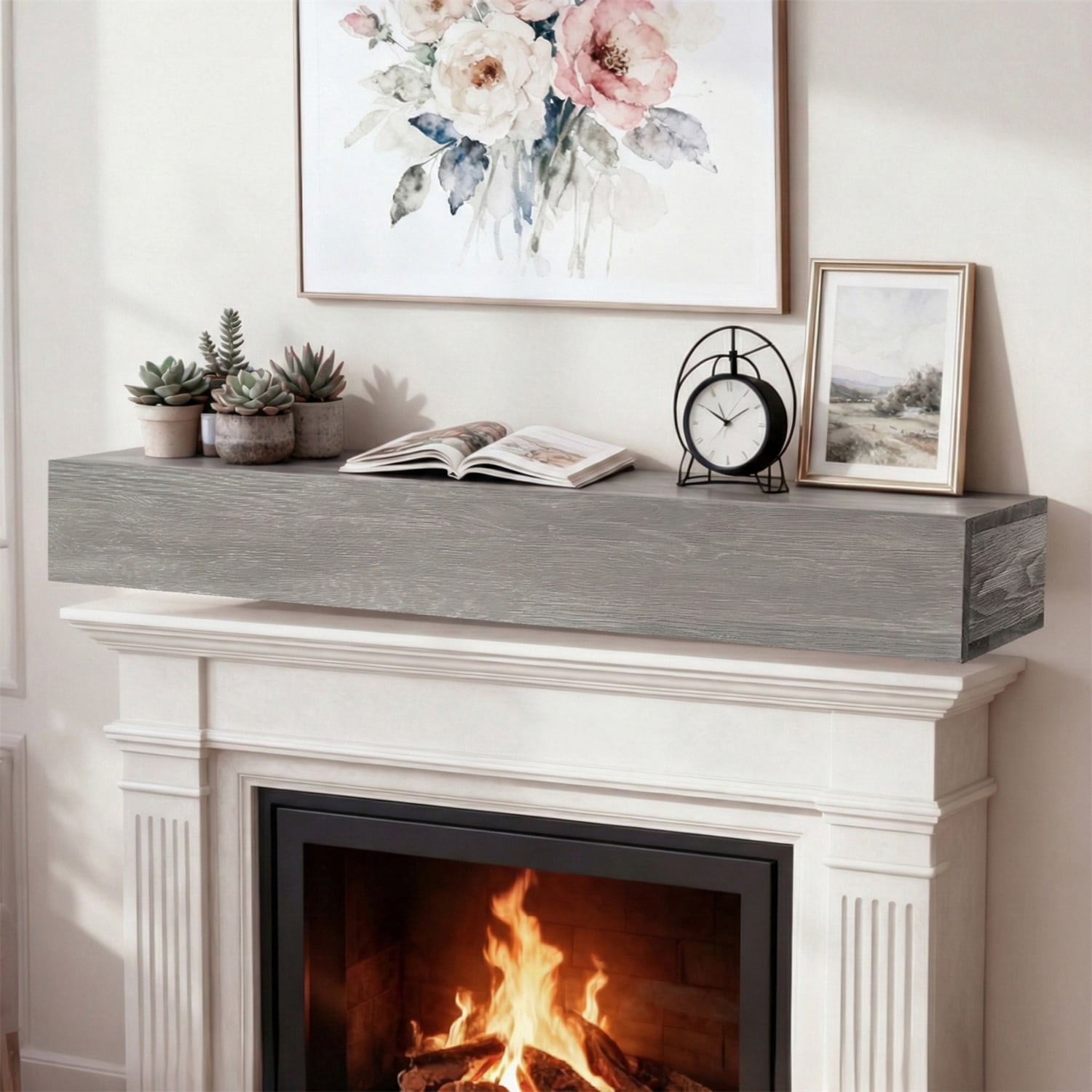 Hommoo 72" Rustic Wood Fireplace Mantel Wall-Mounted & Floating Shelf for Home Decor, Gray