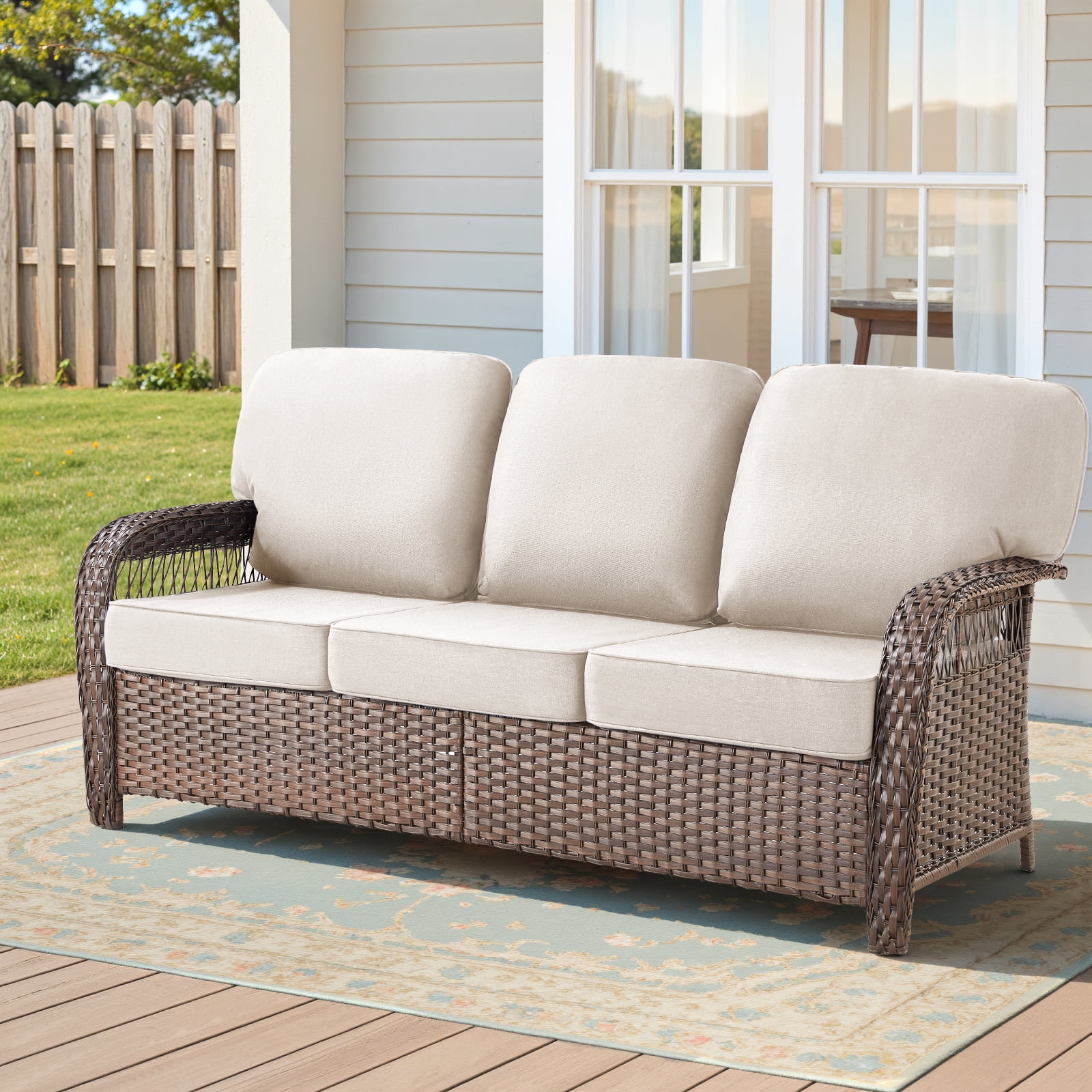 Hommoo 75.2" Outdoor Brown Wicker Patio Sofa with Cushions, Outdoor 2 Seat Patio Furniture Sofa Couch, for Porch or Backyard, Beige