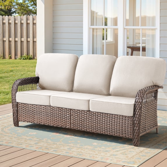 Hommoo 75.2" Outdoor Brown Wicker Patio Sofa with Cushions, Outdoor 2 Seat Patio Furniture Sofa Couch, for Porch or Backyard, Beige